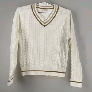 CLOVIS Sweater Womens Medium Ivory V Neck Cable Knit Tan Trim Pullover CVKRE2301